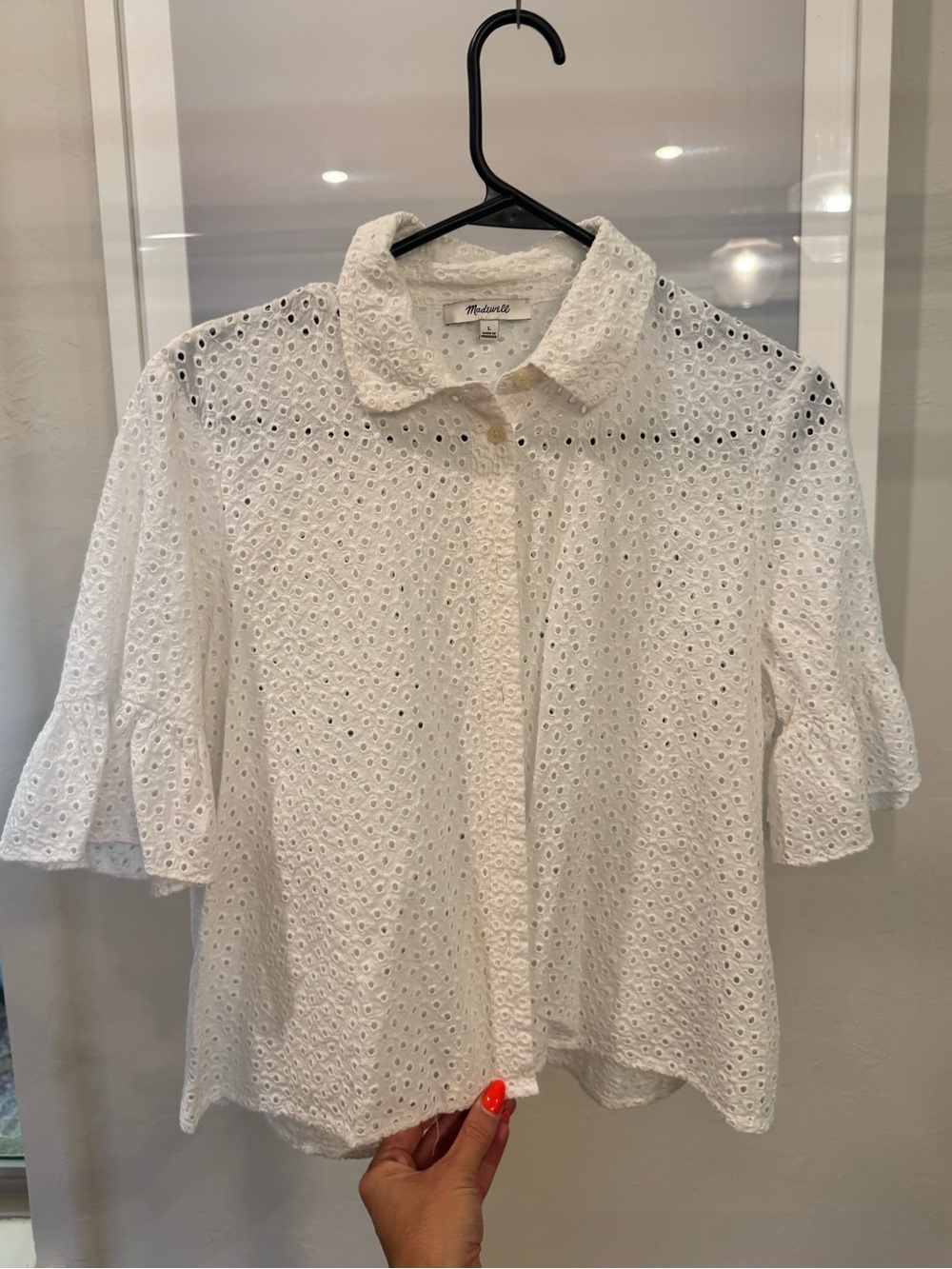 Madewell White Eyelet Ruffle-Sleeve Button Front Blouse